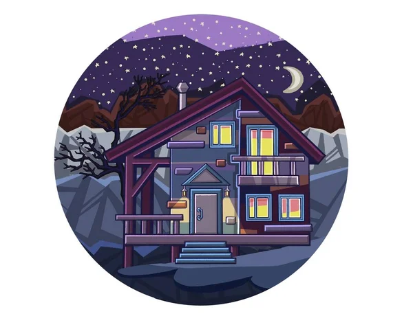 森の中の山小屋 木の小屋で秋の冒険シーン フラットデザインの森の風景の中に孤独な家 高品質のイラスト — ストック写真