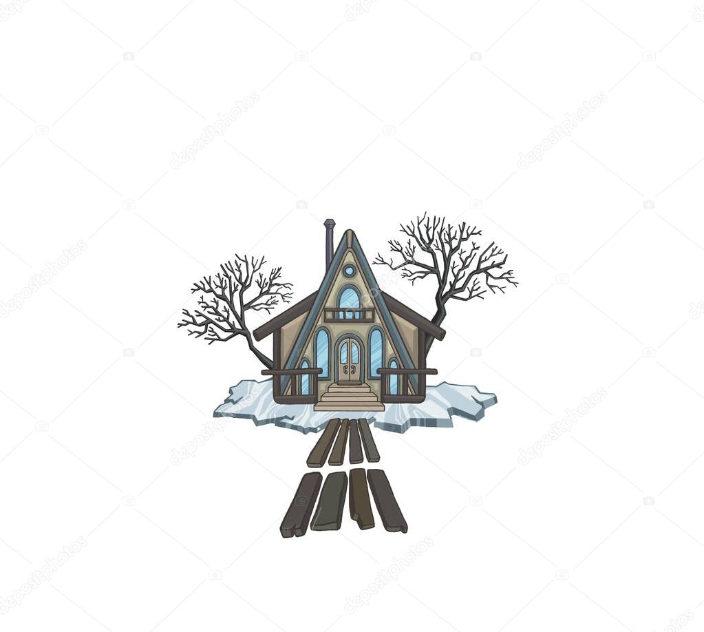 Wooden House with walkways on an iceberg in winter, illustration. High quality illustration