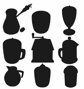 Bardakların farklı şekilleri. Siyah kupa siluetleri. Vektör illüstrasyonu