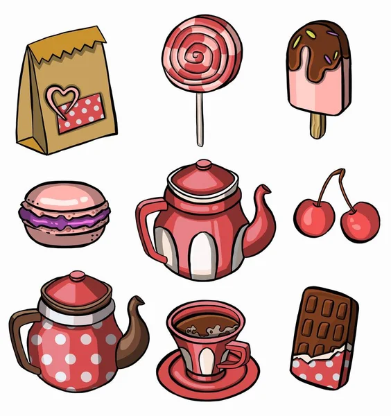 Iconos Café Pasteles Pasteles Macarrones Ilustración Vectorial — Vector de stock