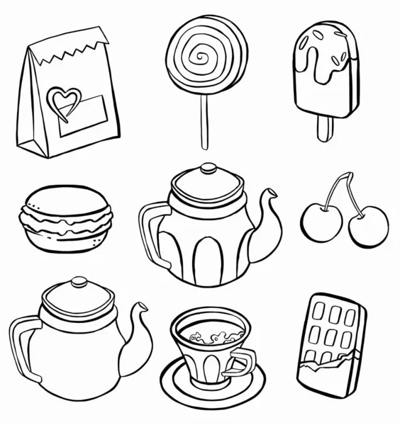 Chá Café Pastelaria Bolos Macaroons Ícones Ilustração Vetorial — Vetor de Stock