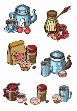 Çay takımı ve çöreklerle dolu bir resim.