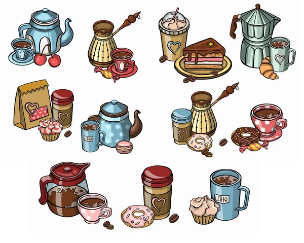 Çay takımı ve çöreklerle dolu bir resim. — Stok Vektör