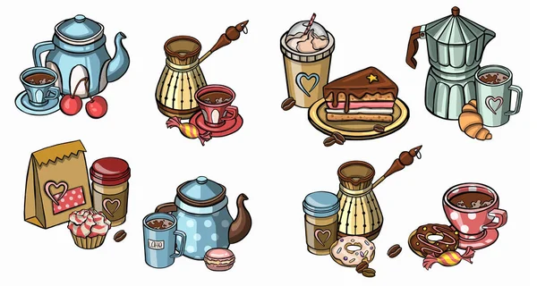 Ilustração Com Vida Tranquila Conjunto Chá Cupcakes —  Vetores de Stock
