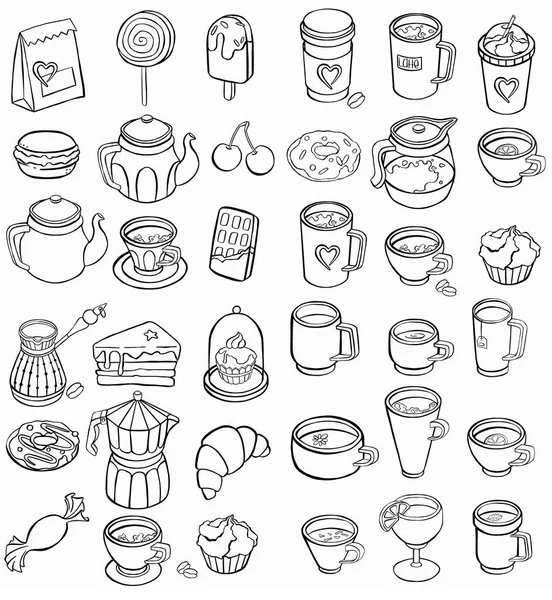 Tea Kávé Sütemény Ikonok Vonalkészlet Szimbólum Ikon — Stock Vector