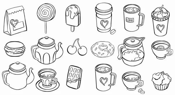 Café Iconos Pastelería Línea Símbolo Establecido Icono — Vector de stock