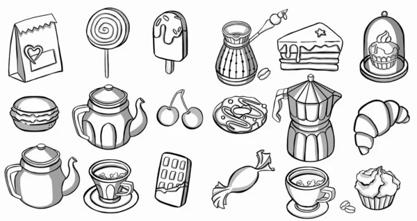 Té, café, iconos de pastelería. línea de símbolo establecido. icono — Vector de stock