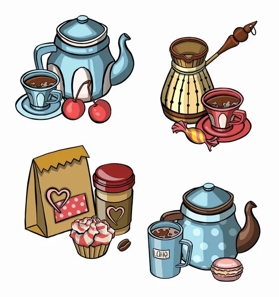 Servicio de café: turku, croissant, hervidor de agua conjunto símbolo. icono —  Fotos de Stock