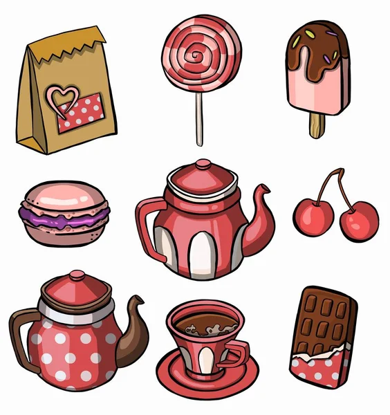 Te, kaffe, bakverk, tårtor och makaroner ikoner — Stockfoto
