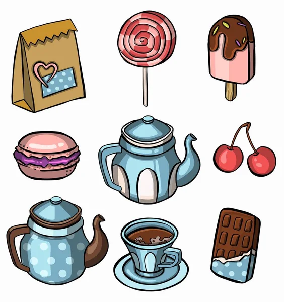 Чай, кофе, кондитерские изделия, иконы пирожных и макарон — стоковое фото