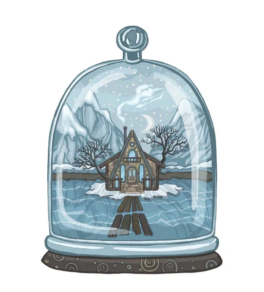 Стеклянный Снежный Шар Дом Огнями Окнах Ночью Высокое Качество Иллюстрации — стоковое фото