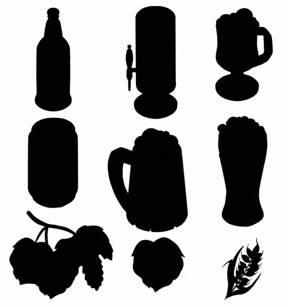 Bottiglia Bicchiere Boccale Birra Icona Vettoriale Silhouette Stencil Modello Fiocco — Vettoriale Stock