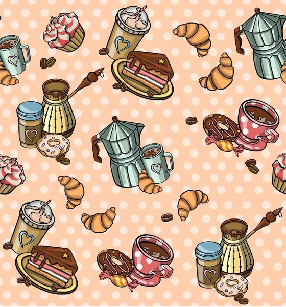 Muster Mit Tasse Kaffee Croissants Hochwertige Illustration — Stockfoto