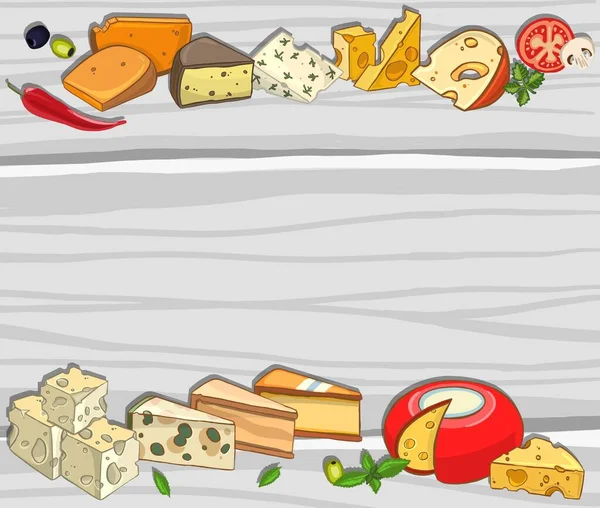 奶酪设计模板 手绘乳制品插图 不同的奶酪品种的横幅 复古食品背景 矢量说明 — 图库矢量图片