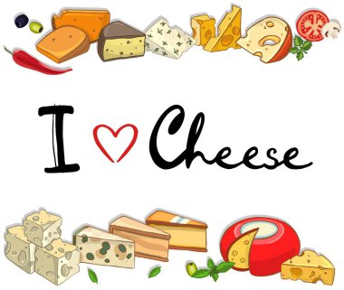 Peynir koleksiyonu. Farklı peynir çeşitleriyle el çizimi arka plan. Vektör illüstrasyonu