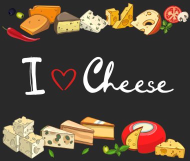 Peynir koleksiyonu. Farklı peynir çeşitleriyle el çizimi arka plan. Vektör illüstrasyonu