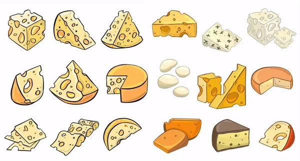 Ilustración de un conjunto de diferentes tipos de queso — Archivo Imágenes Vectoriales