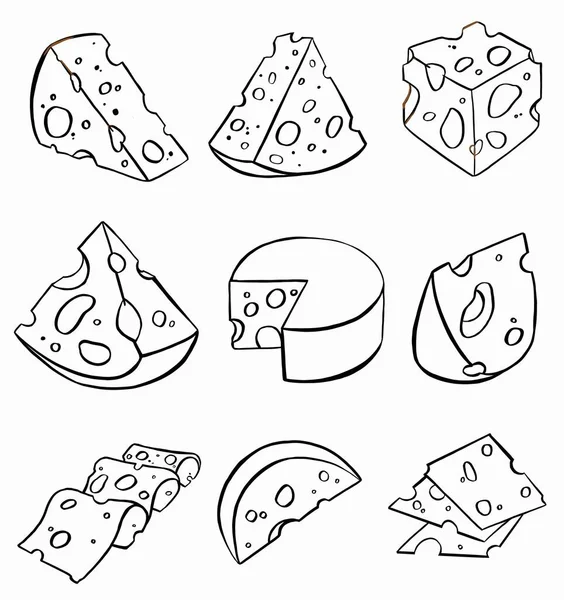 手绘涂鸦素描奶酪与不同类型的奶酪在复古风格的风格 矢量说明 — 图库矢量图片