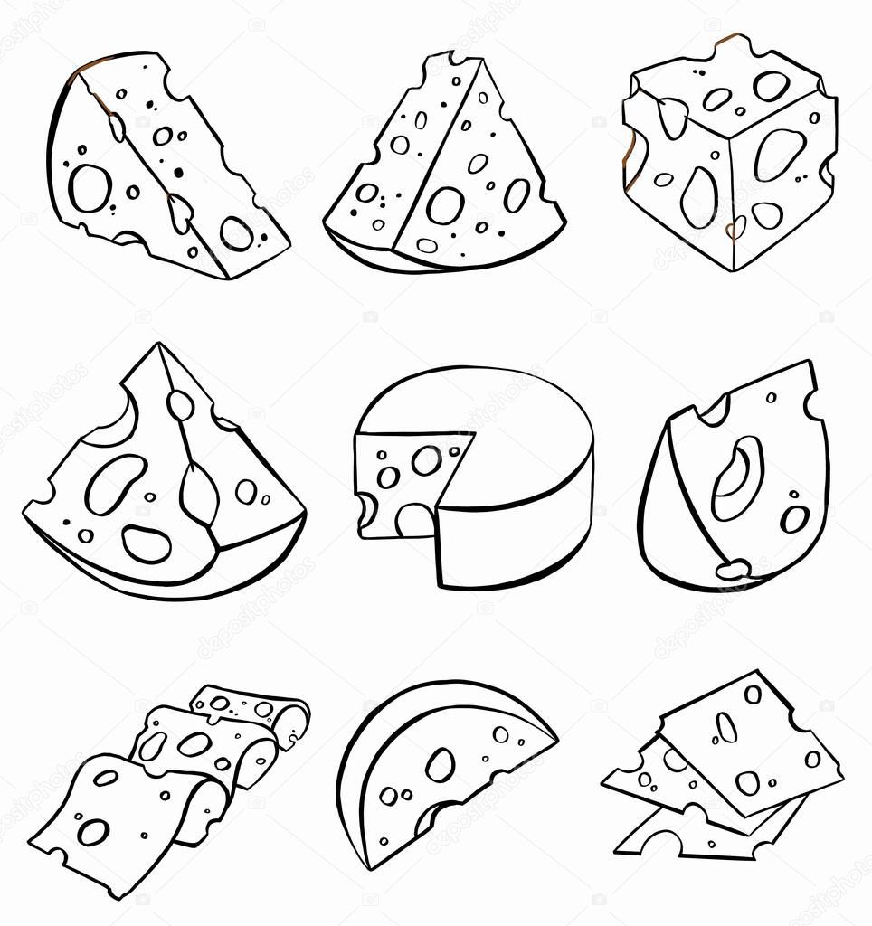 Hand drawn doodle sketch cheese with different types of cheeses in retro style stylized. Vector illustration