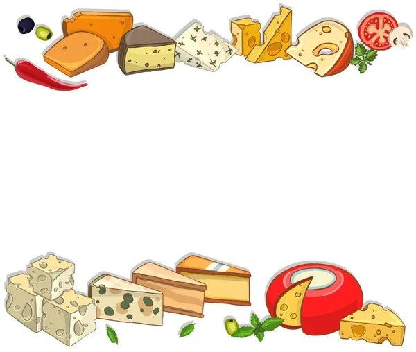 奶酪设计模板 手绘乳制品插图 不同的奶酪品种的横幅 复古食品背景 高质量的例证 — 图库照片