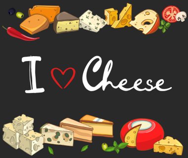 Peynir koleksiyonu. Farklı peynir çeşitleriyle el çizimi arka plan. Yüksek kaliteli illüstrasyon