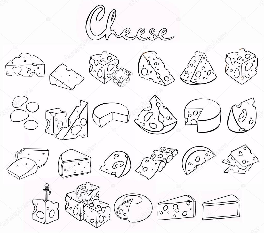 Cheese isolated on a white background, Hand drawn cheese outline illustration. Cheese sketch, doodle collection, Set of cheese icons. High quality illustration