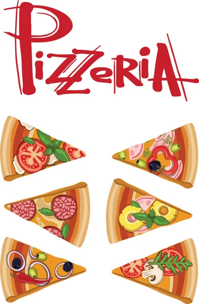 Set Scheiben Schneiden Pizza Pepperoni Hawaiianer Margherita Mexikaner Meeresfrüchte Capricciosa — Stockvektor