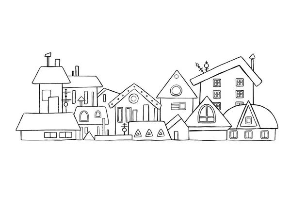 Vector City Town Countryside Illustration Linear Style Binalar Gökdelen Kilise — Stok Vektör