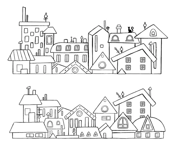 Città Vettoriale Città Campagna Illustrazione Stile Lineare Edifici Grattacielo Chiesa — Vettoriale Stock
