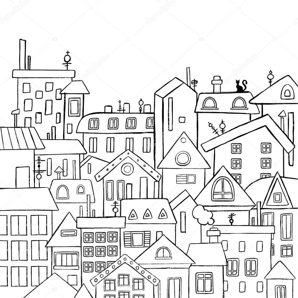 Vector City, Town and Countryside Illustration in Linear Style - buildings, skyscraper, church, factory, barn.