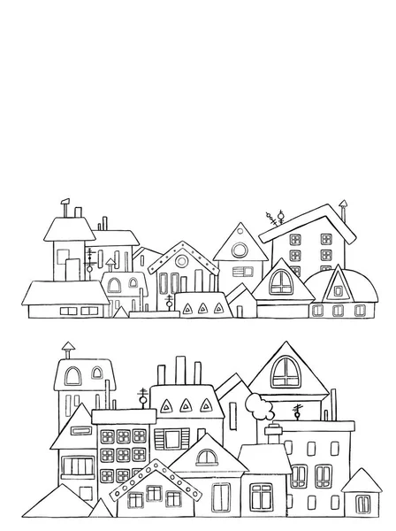 Illustration Von Stadt Stadt Und Land Linearen Stil Gebäude Wolkenkratzer — Stockfoto