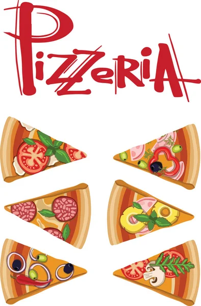 Set Rebanadas Pizza Pepperoni Hawaiana Margherita Mexicana Mariscos Capricciosa Ilustración — Archivo Imágenes Vectoriales