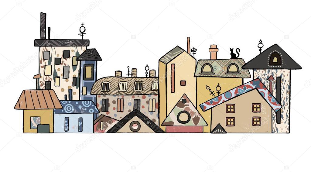 city building houses view skyline background real estate cute town concept horizontal banner flat illustration. High quality illustration