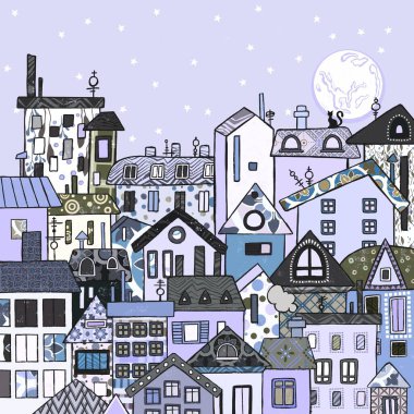 Yıldızlı Gece Hayatı Metropolitan Şehir manzarası. Yüksek kaliteli illüstrasyon