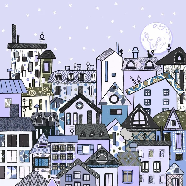 Nachtleben Großstadtlandschaft Mit Sternen Hochwertige Illustration — Stockfoto