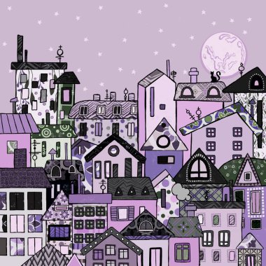 Yıldızlı Gece Hayatı Metropolitan Şehir manzarası. Yüksek kaliteli illüstrasyon