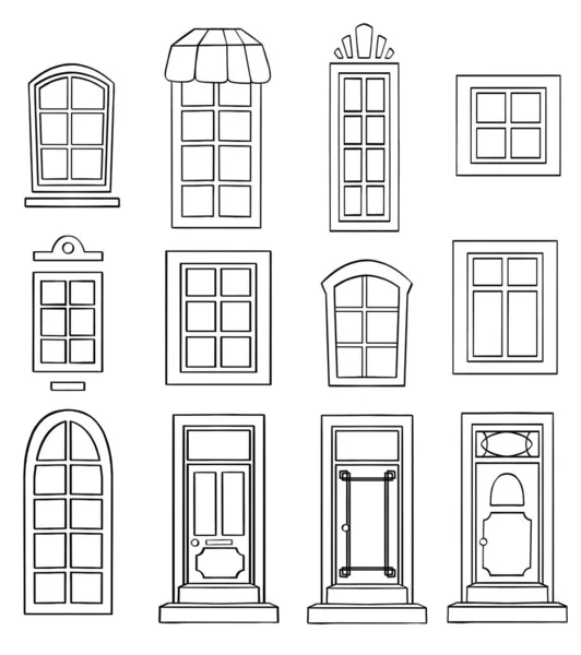 Conjunto Iconos Ventana Negro Aislado Blanco Ilustración Vectorial — Vector de stock