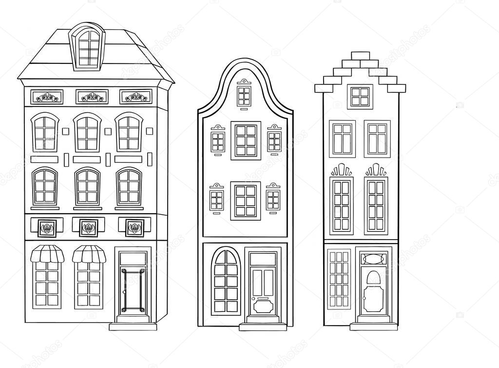 Set of hand-painted, decorative houses. Monochrome range. Vector illustration