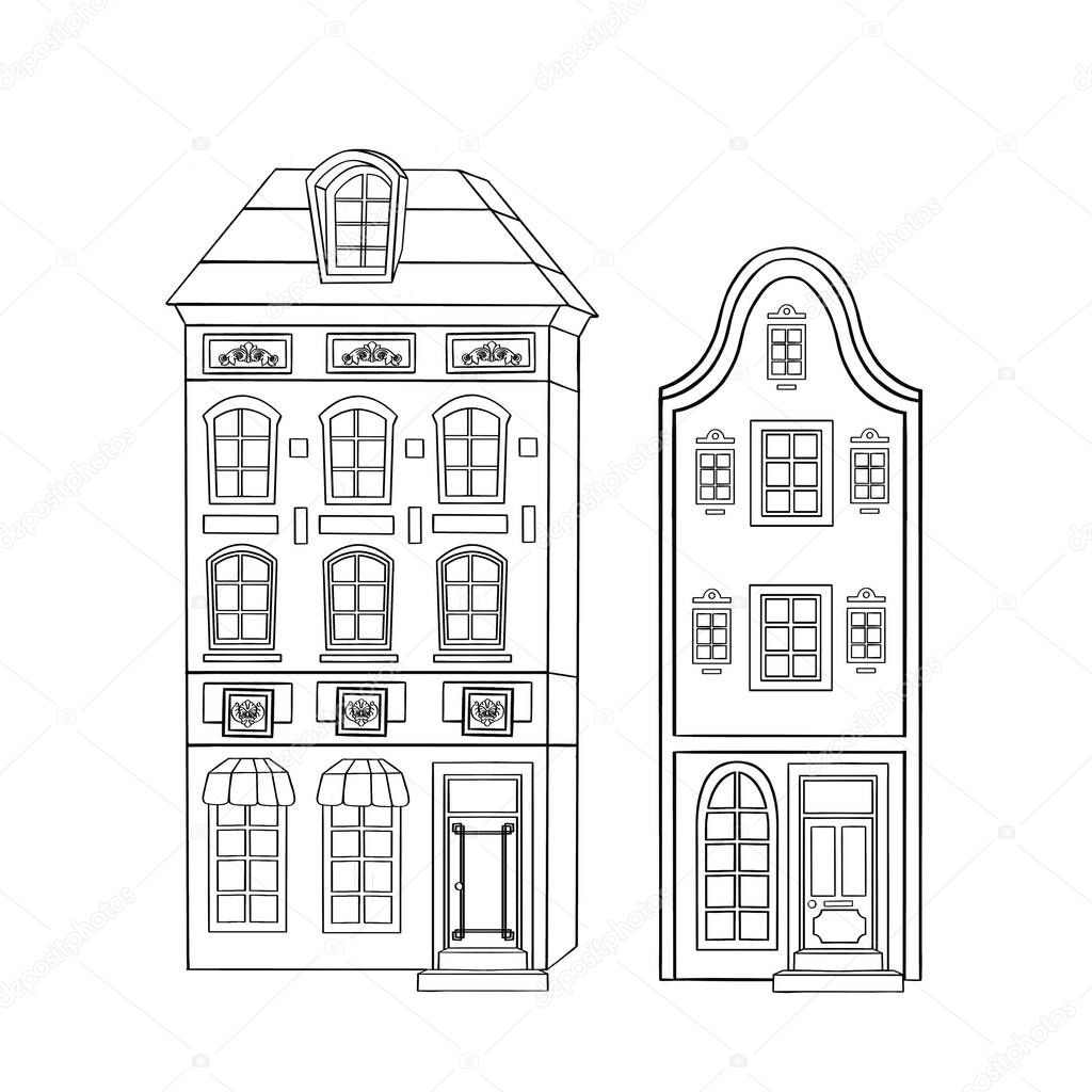 Amsterdam european cute black and white houses buildings city old town doodle outline vector set. Vector illustration