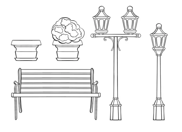 Linjekonst Bänk Blomstersäng Och Lykta Vektorillustration Vektorillustration — Stock vektor