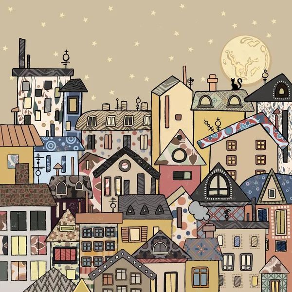 Yıldızlı Gece Hayatı Metropolitan Şehir manzarası. Yüksek kaliteli illüstrasyon