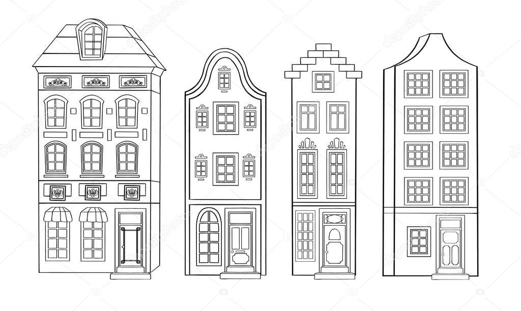 Set of three silhouette of old european houses and three street lanterns. Stylized freehand drawn picture. Isolated on white. Romantic illustration for postcard or real estate. 