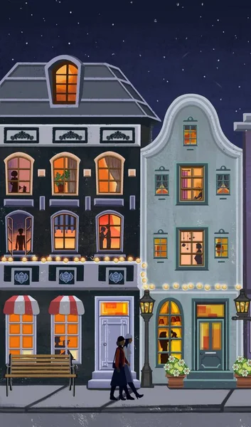 Χειμερινή νύχτα πόλη σε ρετρό στυλ. Χριστουγεννιάτικο φόντο με σπίτια, φεγγάρι, χιονάνθρωπο. Άνετο πόλη σε ένα επίπεδο στυλ. — Φωτογραφία Αρχείου