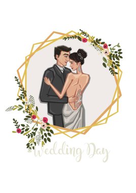 Bir çift yeni evli ve çiçek. Düz bir çizgi film çizimi. Yüksek kaliteli illüstrasyon