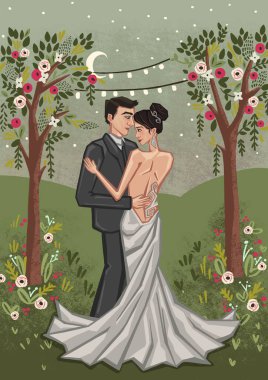 Düğün davetiyelerindeki sevimli çift. Yüksek kaliteli illüstrasyon