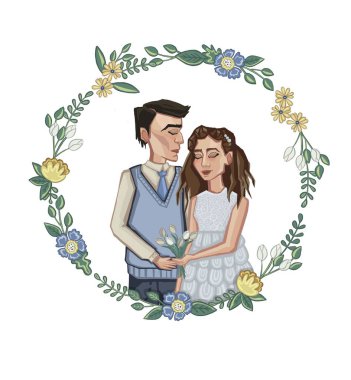 Düğün çifti, damat ve gelin çizgi film çiçekleri çerçeve dekoru. Yüksek kaliteli illüstrasyon