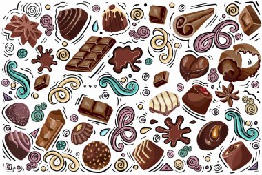 Seamless pattern with chocolates, chunks of chocolate, candies in colored wrappers on blue background. illustration of a dessert in a flat cartoon style. High quality illustration