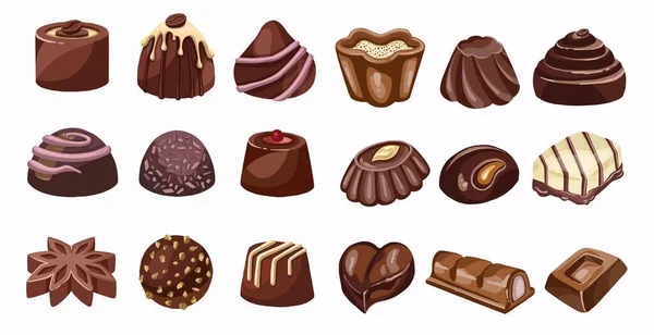 Conjunto Com Diferentes Doces Chocolate Isolados Branco Leite Chocolate Escuro — Fotografia de Stock