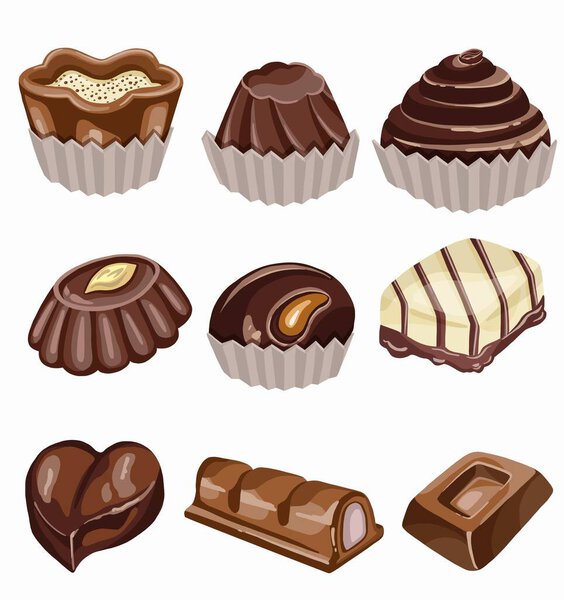 Wide selection of chocolate sweets of various forms with different fillings and toppings. Isolated images. High quality illustration
