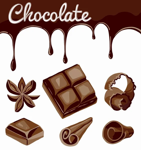 Schokoladenströme Locken Bonbons Und Kakaobohnen Isoliert Auf Weiß Hochwertige Illustration — Stockfoto
